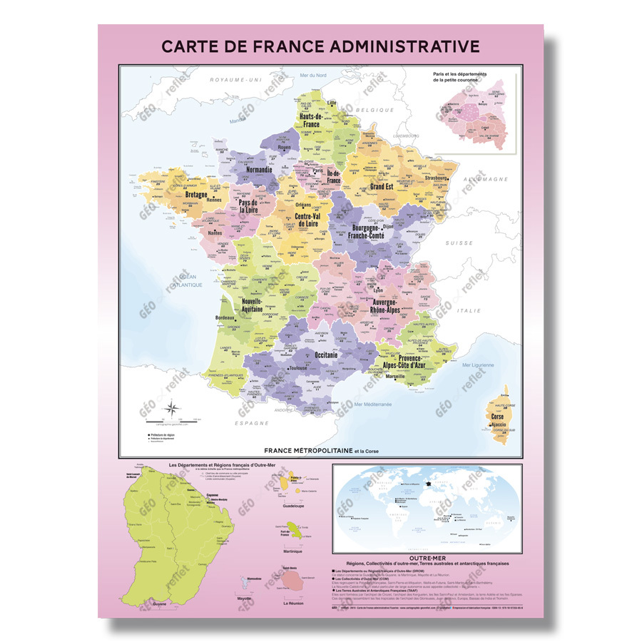 Carte de France Administrative - Modèle Fluorine - Affiche 60x80cm