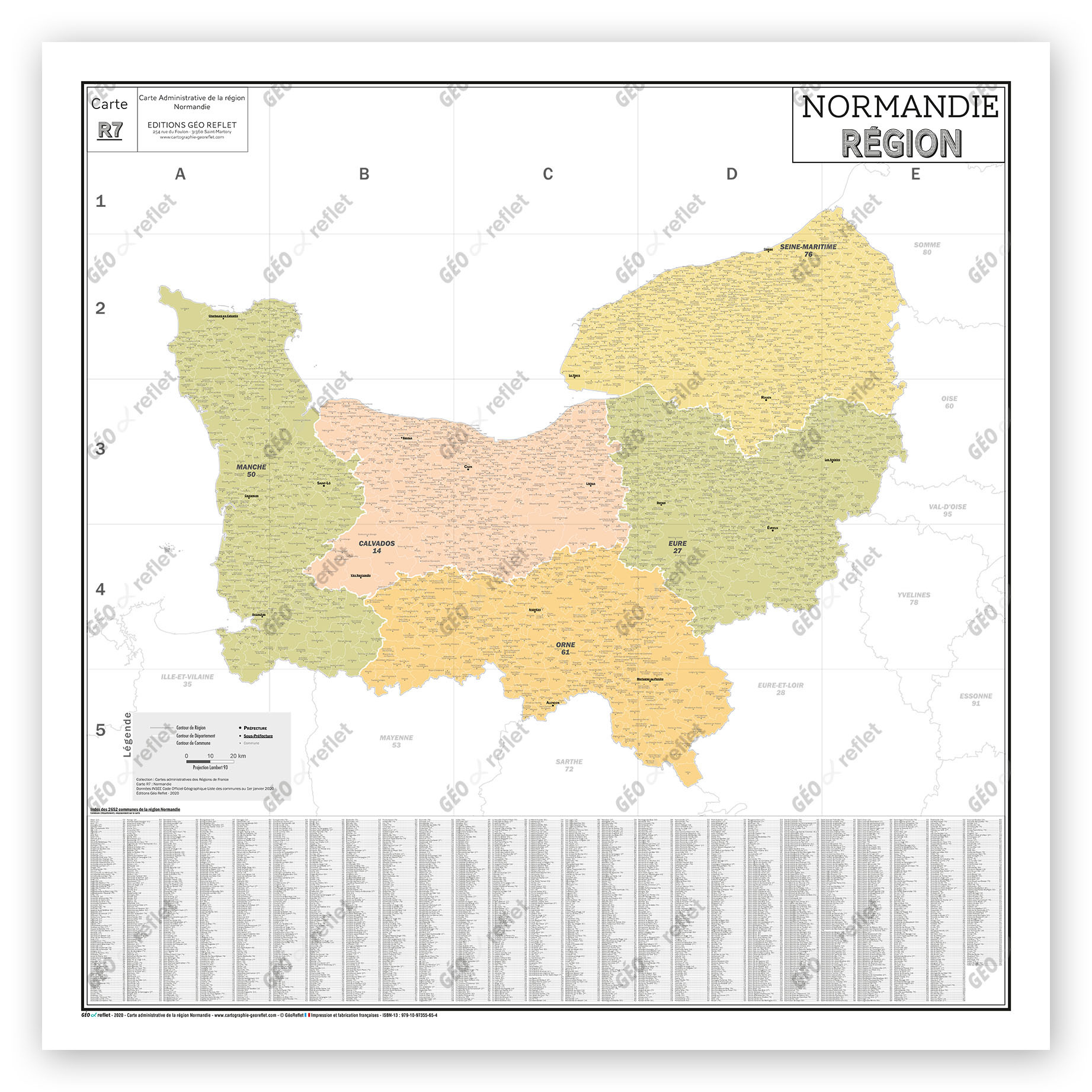 Carte Administrative de La Région Normandie -poster Plastifié 120x120cm