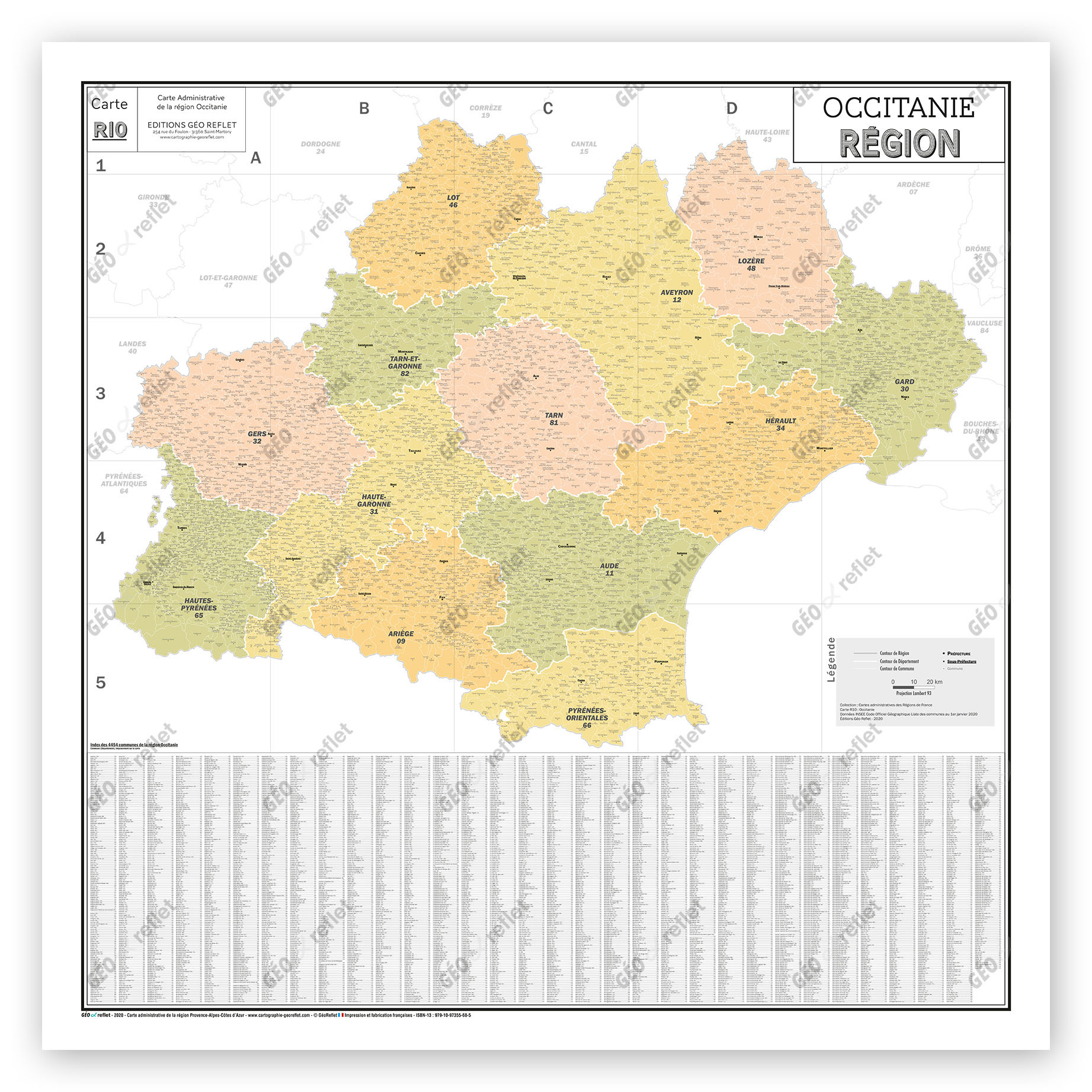 Carte Administrative de la Région Occitanie - Poster Plastifié 120x120cm
