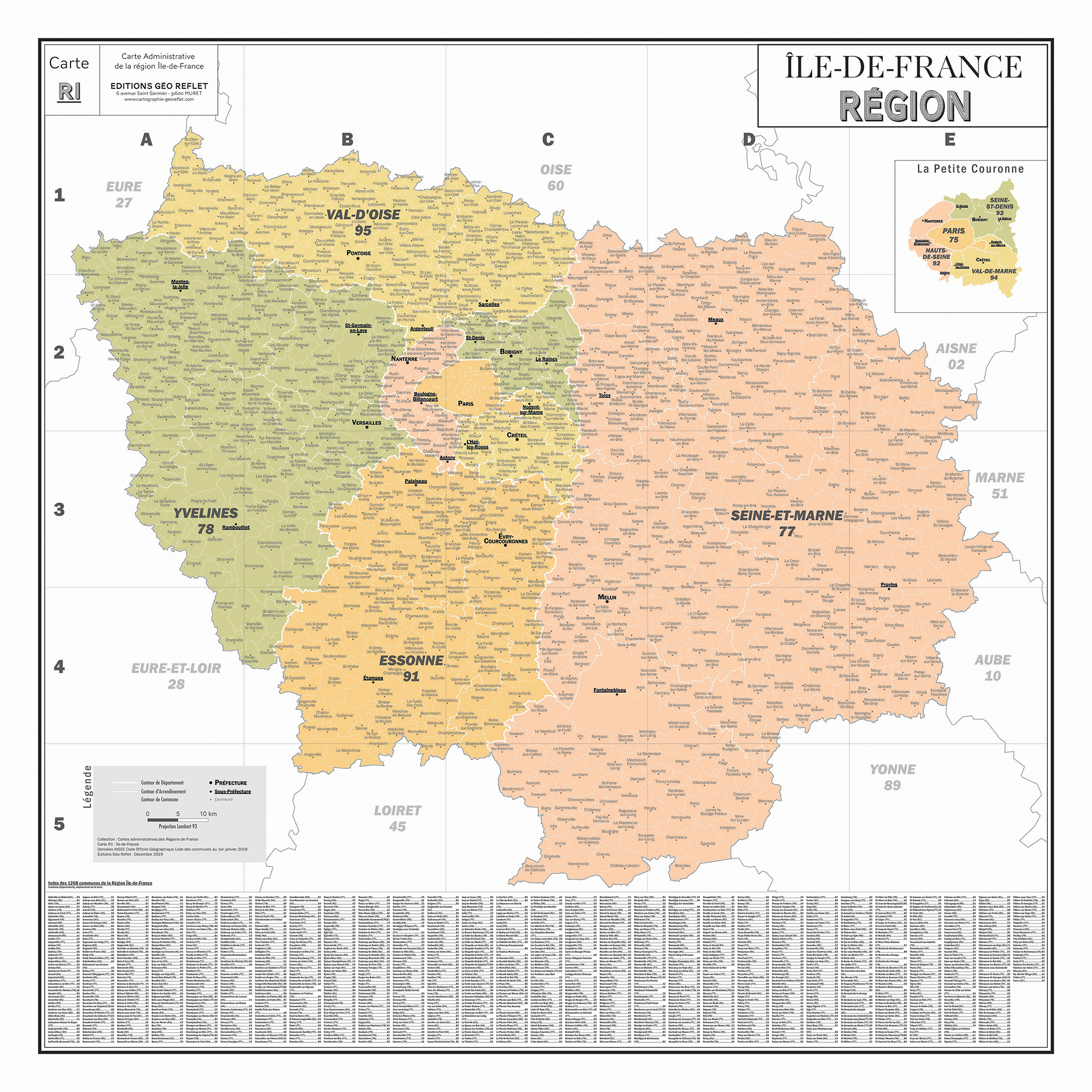Carte Administrative de la région Île-de-France - Poster Plastifié 100x100cm
