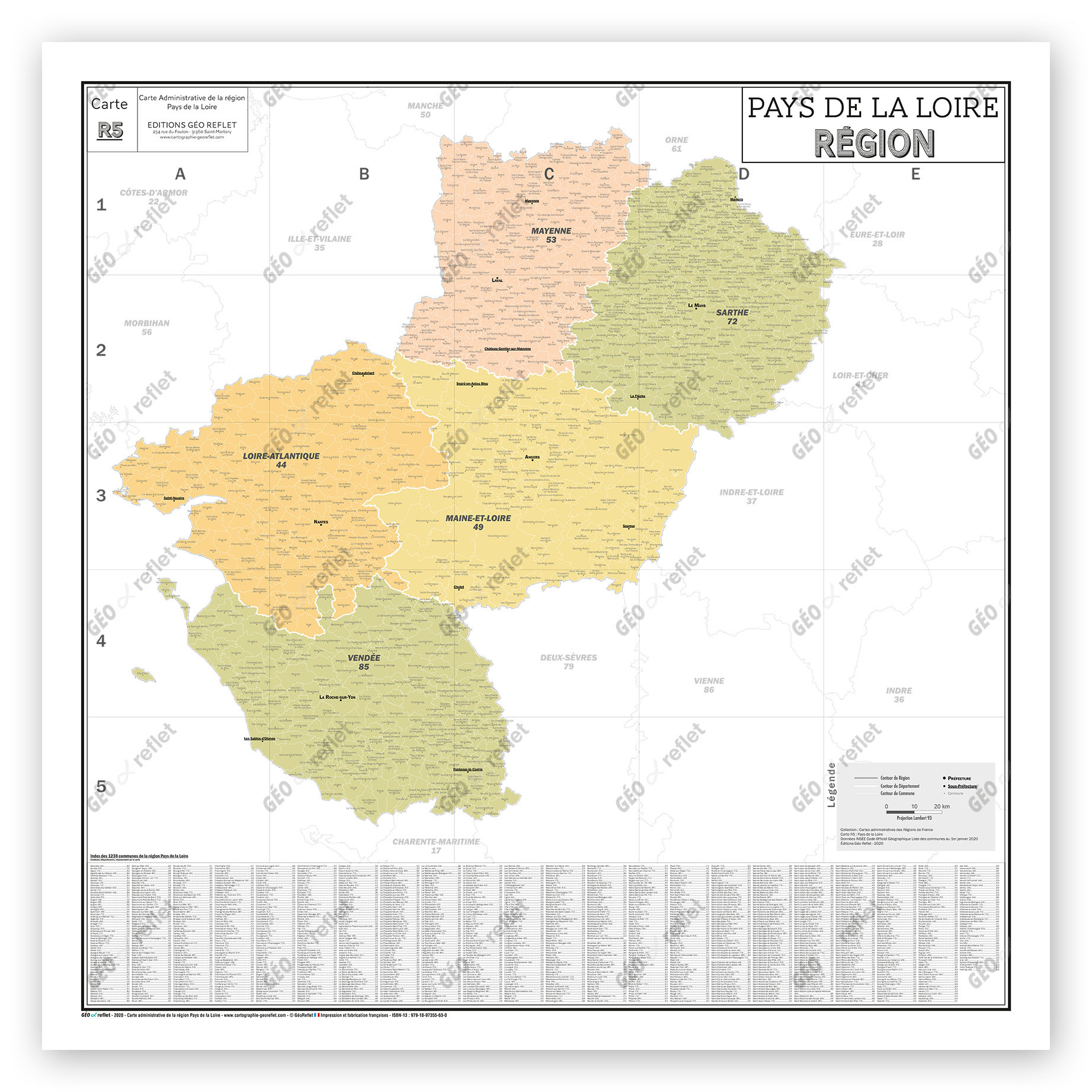 Carte Administrative de la Région Pays-de-la-Loire - Poster Plastifié 120x120cm