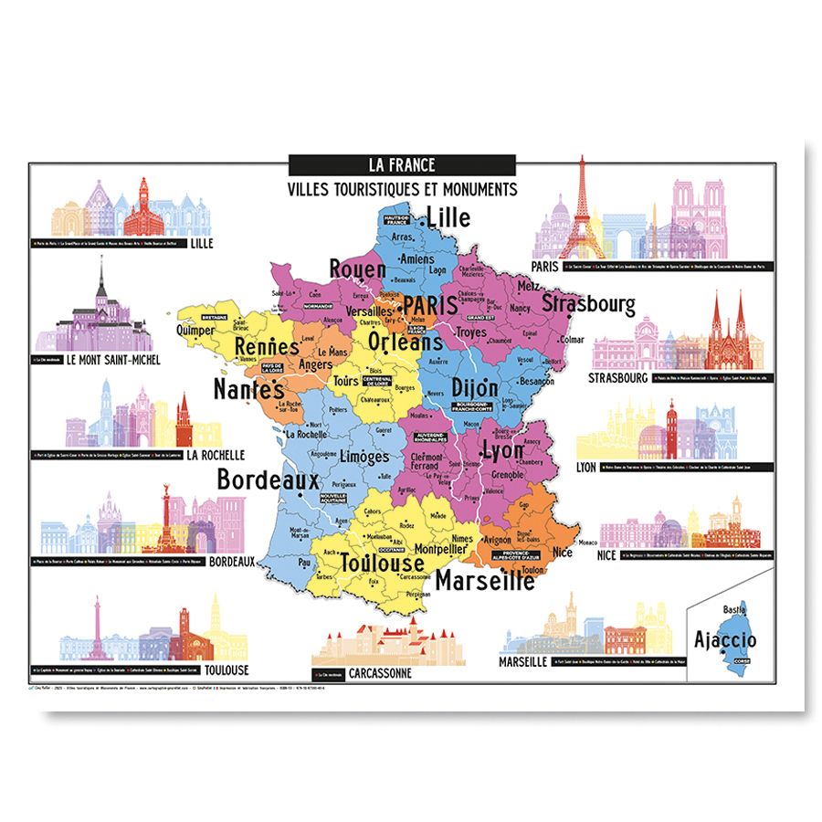 Carte des Villes touristiques et Monuments de France - Affiche 50x70cm