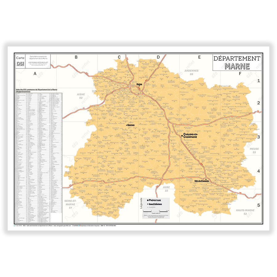 Carte administrative du département de la Marne - Poster Plastifié 70x100cm