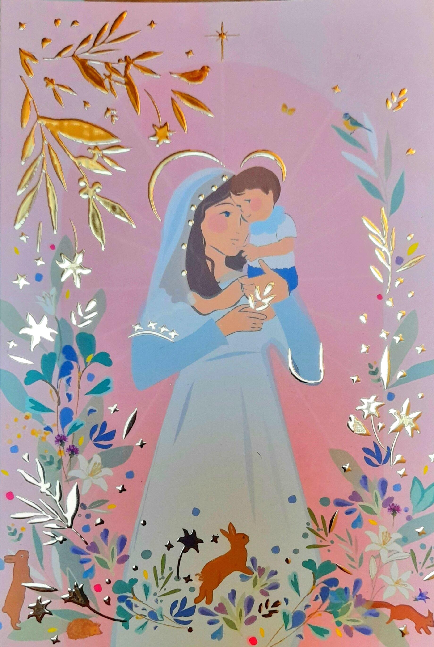 Carte + enveloppe sous cellophane - Vierge rose -dorure - lot de 10