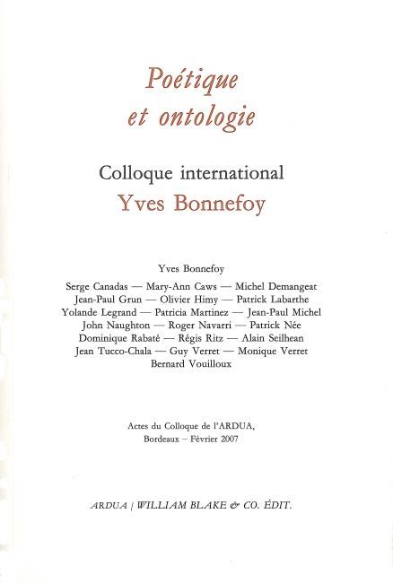 Yves Bonnefoy, poétique et ontologie