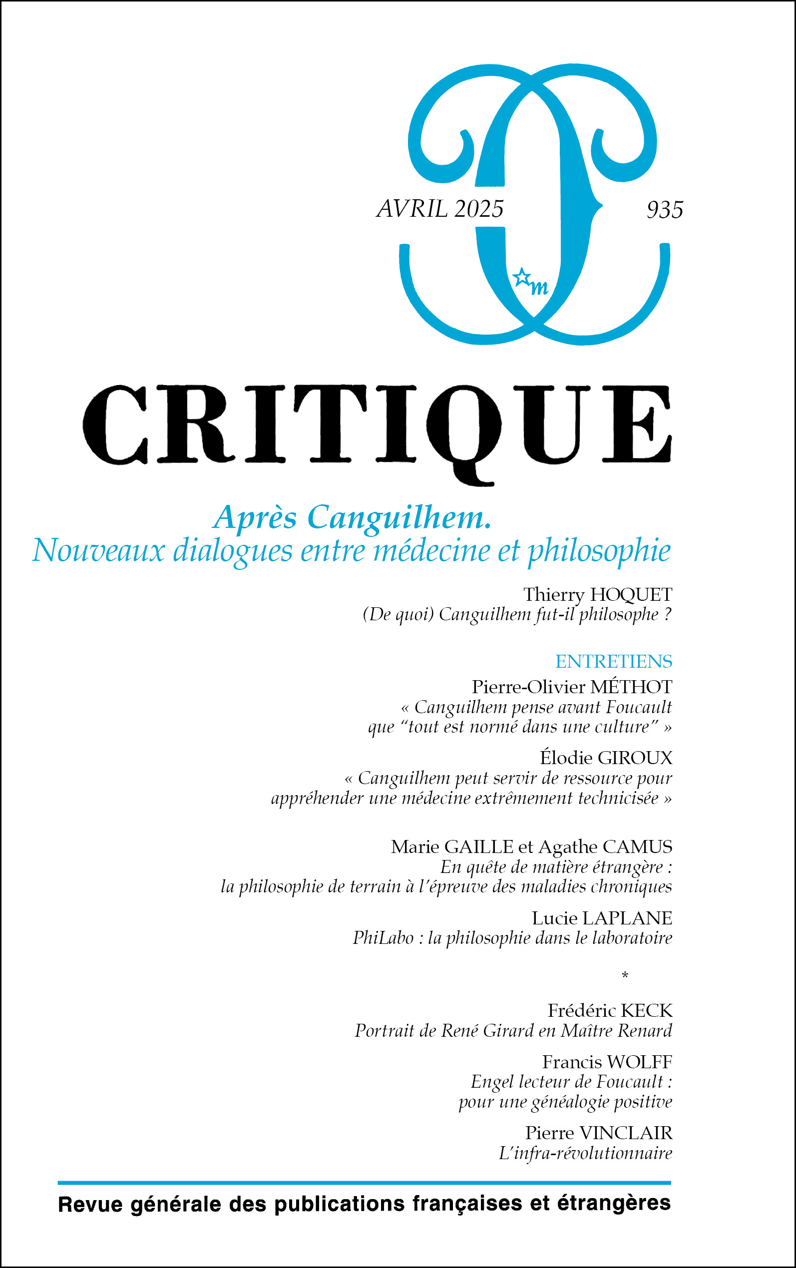 Critique 935 Après Canguilhem. Nouveaux dialogues entre médecine et philosophie