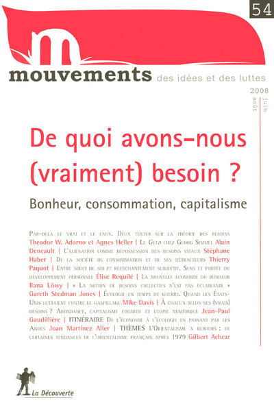 Revue Mouvements numéro 54 De quoi avons-nous (vraiment) besoin ? Bonheur, consommation, capitalisme
