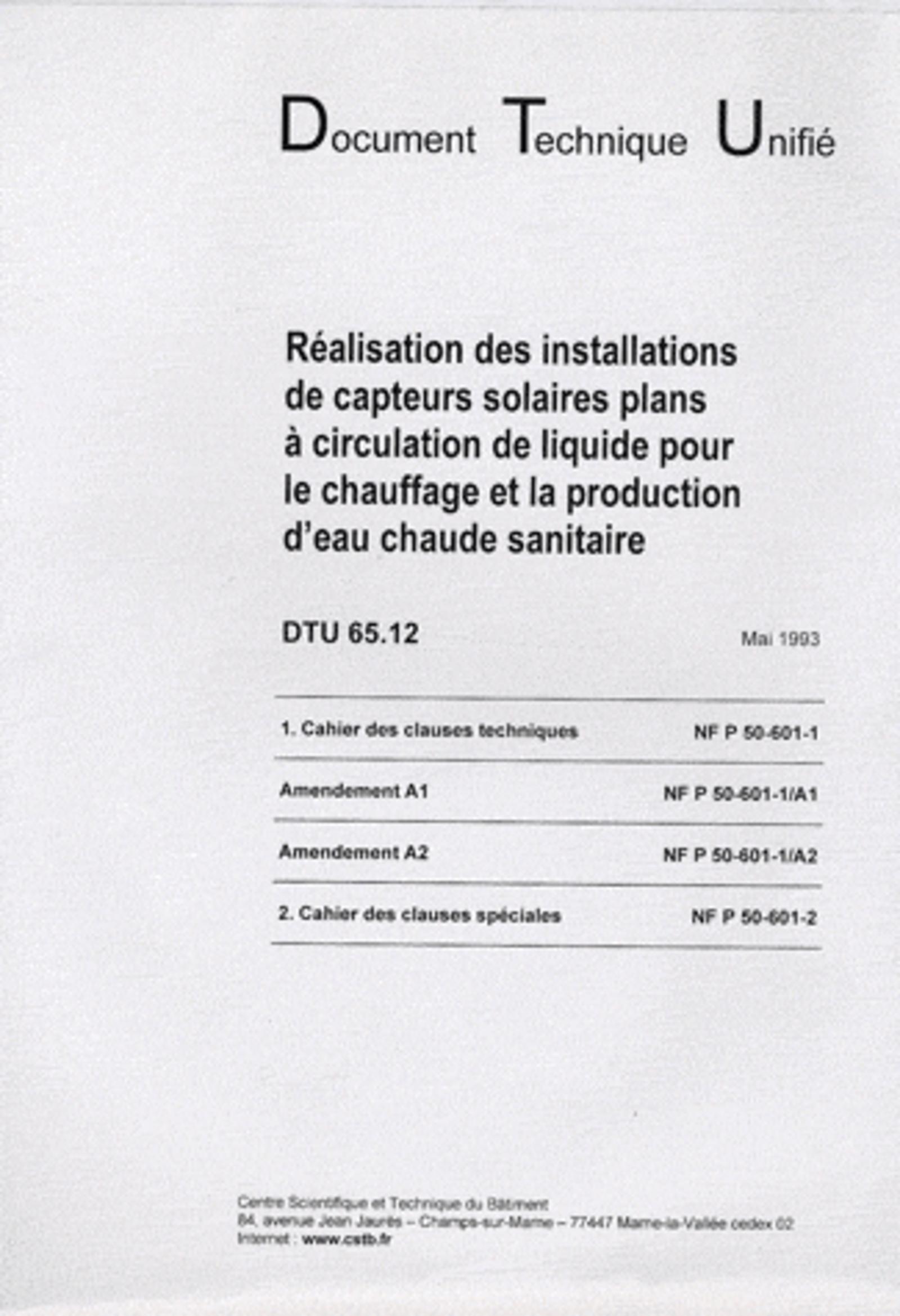 DTU 65.12 REALISATION DES INSTAL.DE CAPTEURS SOLAIRES PLANS A CIRCULATION DE LIQ