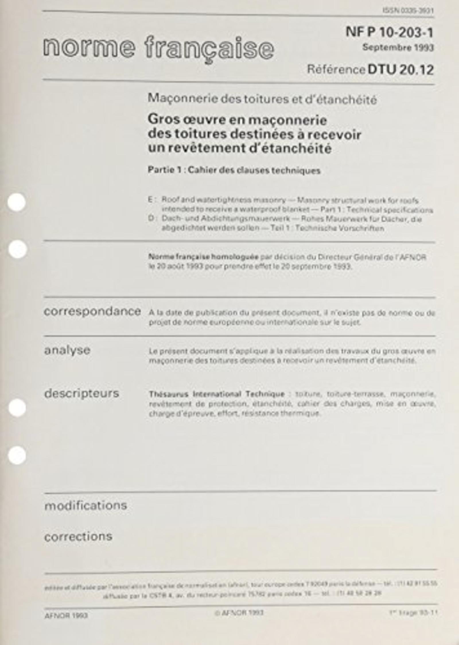 DTU 20.12. GROS OEUVRE EN MACONNERIE DES TOITURES DESTINEES A RECEVOIR UN REVETE