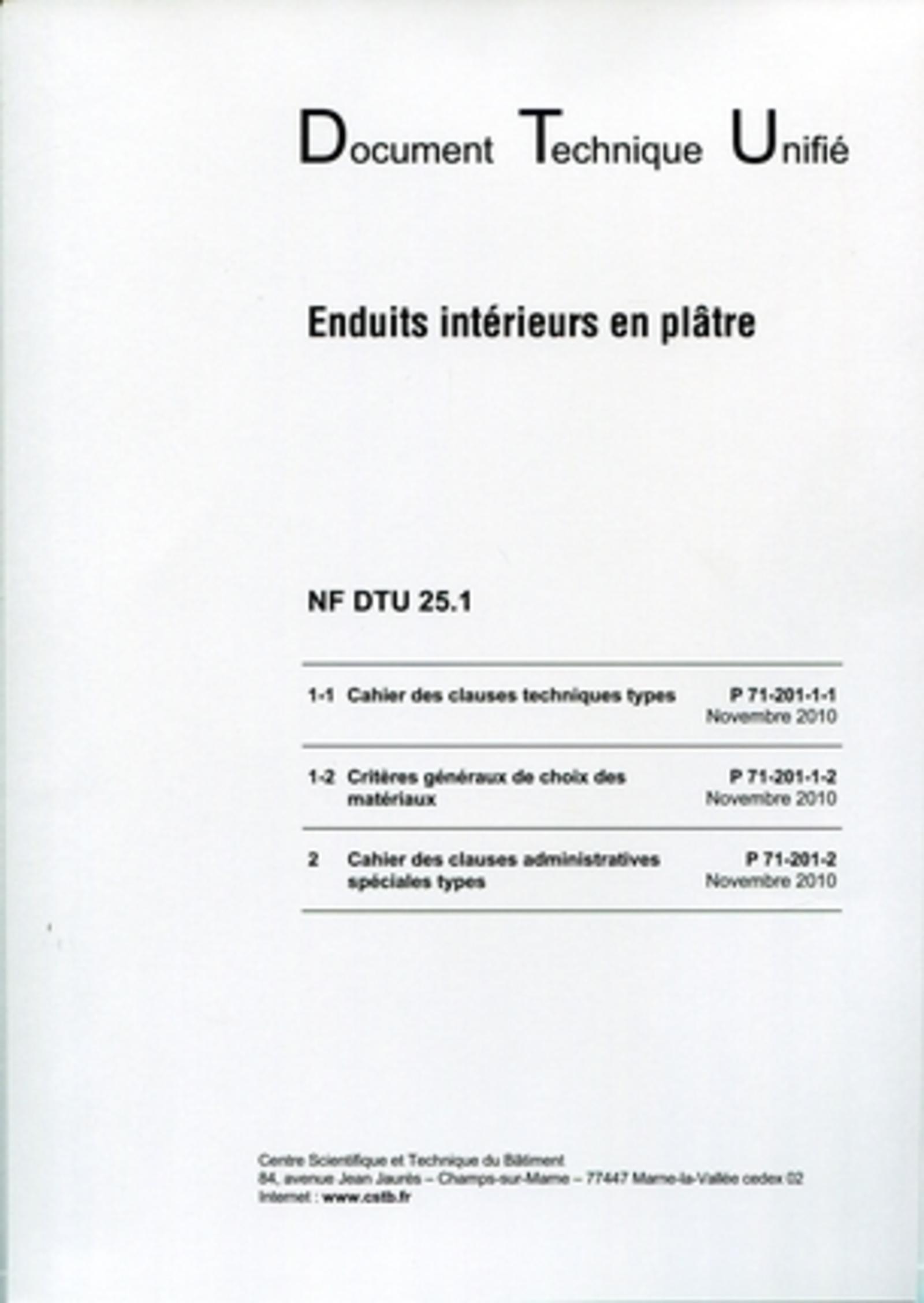 NF DTU 25.1 ENDUITS INTERIEURS EN PLATRE