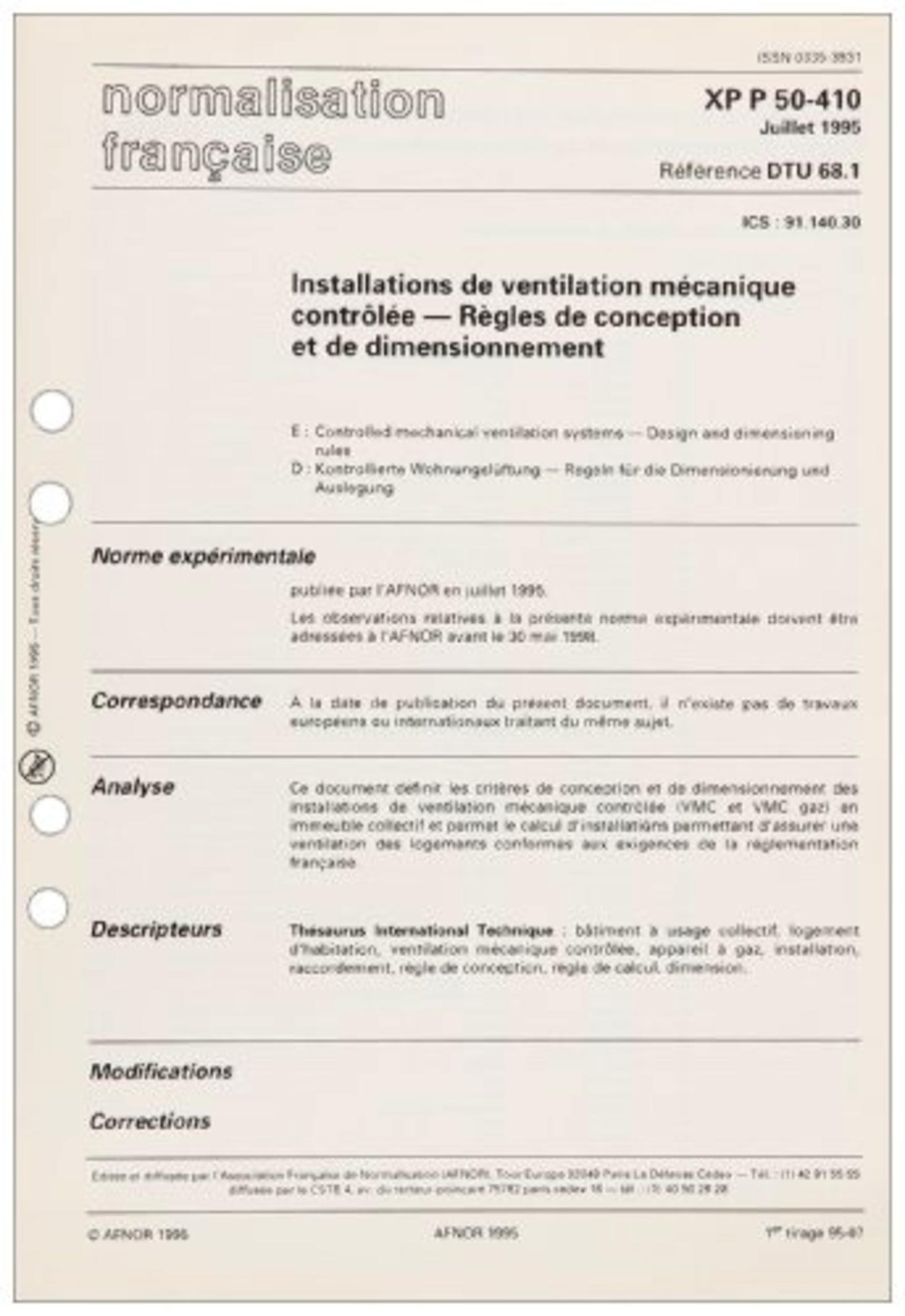 DTU 68.1 INSTALLATIONS DE VENTILATION MECANIQUE CONTROLEE