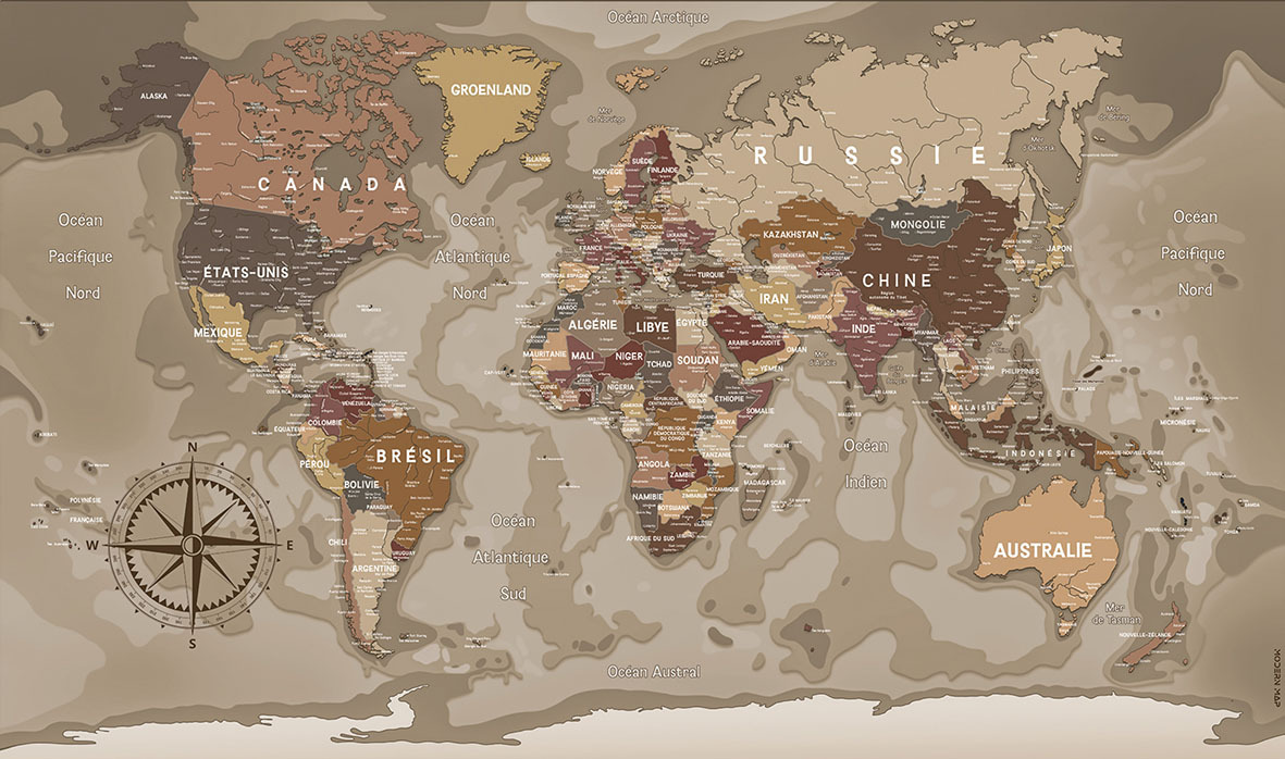 CARTE DU MONDE BEIGE 100 x 60 CM