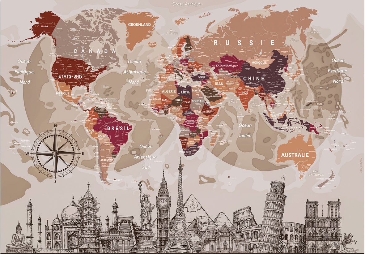 CARTE DU MONDE AVEC MONUMENTS 100 CM X 70 CM