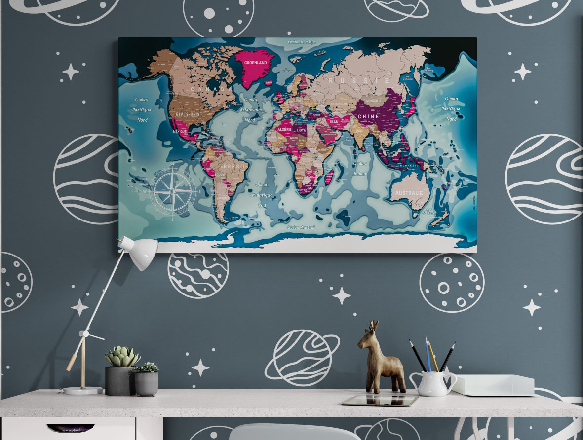 CARTE DU MONDE BLEUE 100 x 60 CM