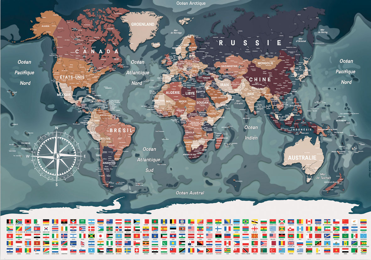 CARTE DU MONDE AVEC DRAPEAUX 100 CM X 70 CM