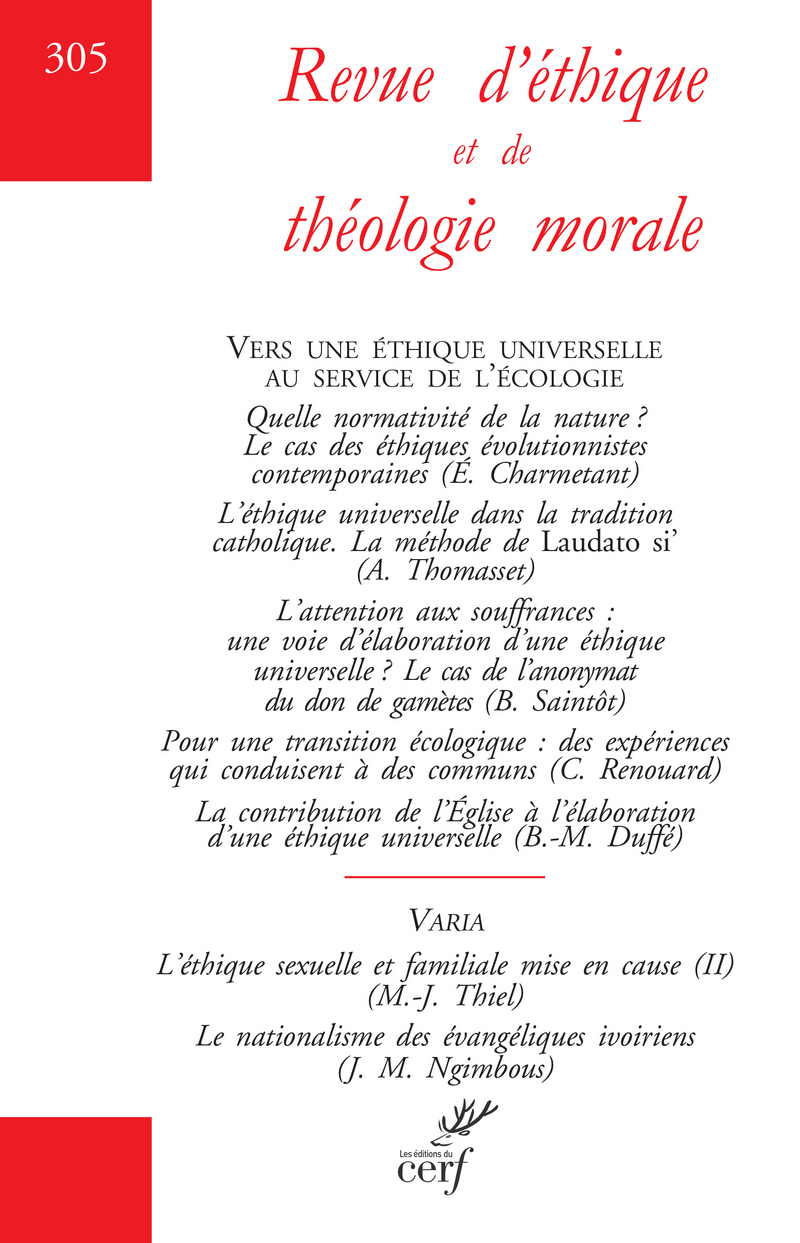 REVUE D'ETHIQUE ET DE THEOLOGIE MORALE - NUMERO 305