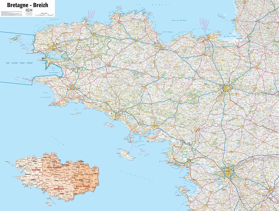 Poster Bretagne Plastifie  1/250.000  100X132 Cm