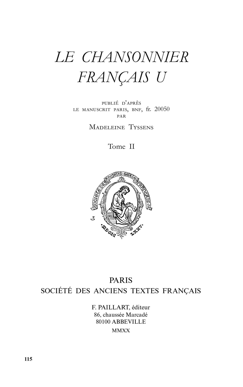 LE CHANSONNIER FRANCAIS U, TOME 2 ET DERNIER