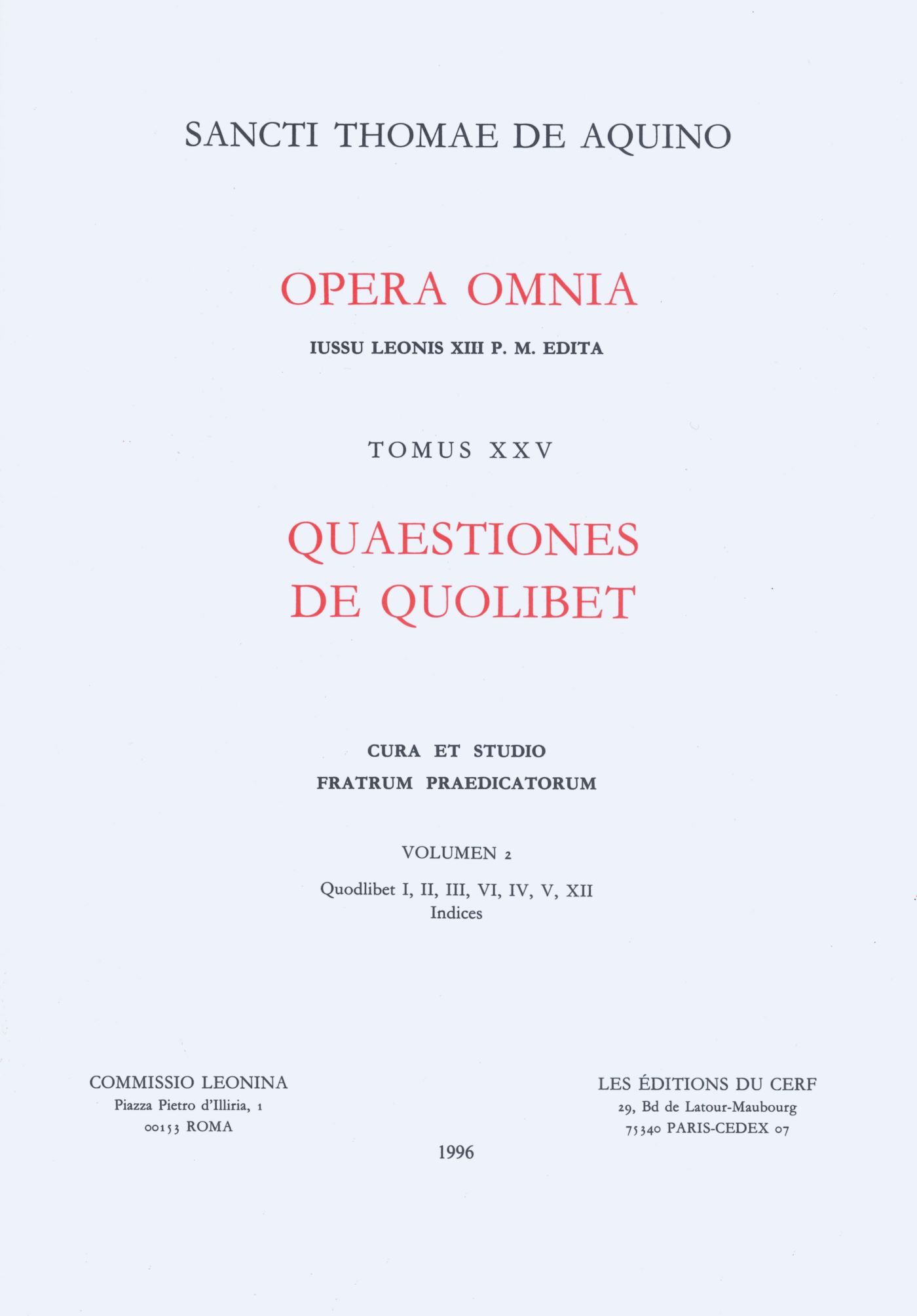 QUAESTIONES DE QUOLIBET - TOME 25