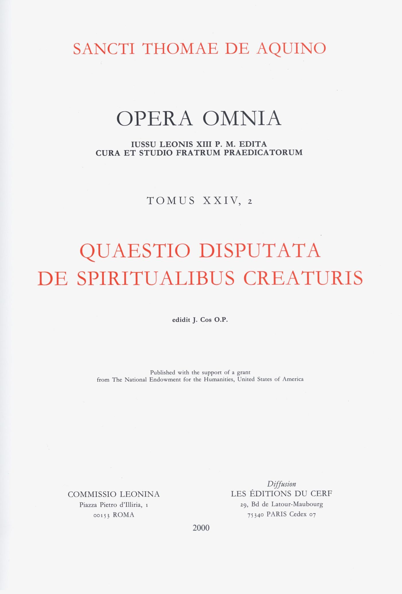 OPERA OMNIA - TOME 24,2 QUAESTIO DISPUTATA DE SPIRITUALIBUS CREATURIS