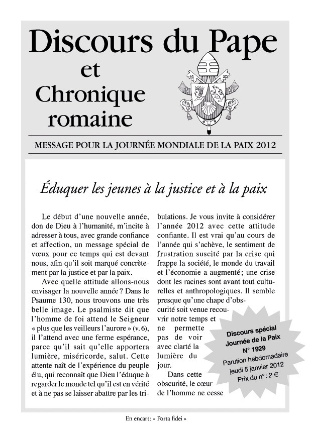 Journée mondiale de la Paix 2012 - discours du Pape n°1929 : Éduquer les jeunes
