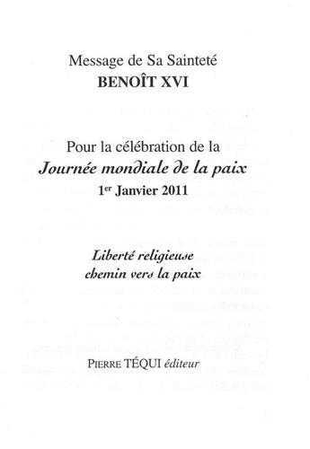 Message de Benoît XVI - Journée mondiale de la paix 1er janvier 2011 - Liberté religieuse chemin vers la paix