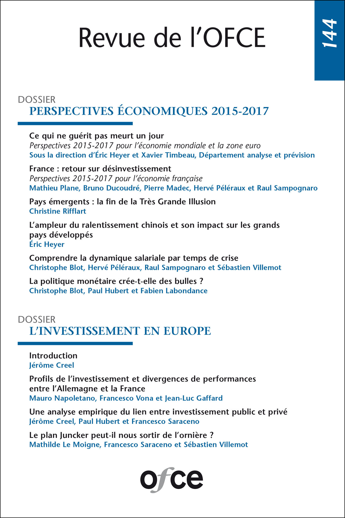 N° 144 : PERSPECTIVES ÉCONOMIQUES 2015-2017