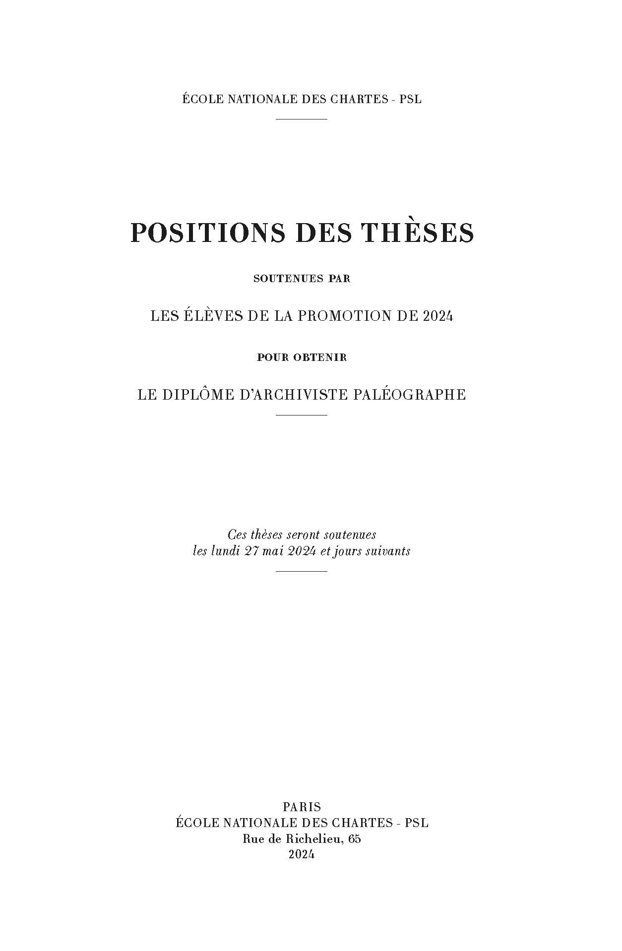POSITIONS DES THESES 2024. SOUTENUES PAR LES ELEVES DE LA PROMOTION DE 2024 POUR OBTENIR LE DIPLOME