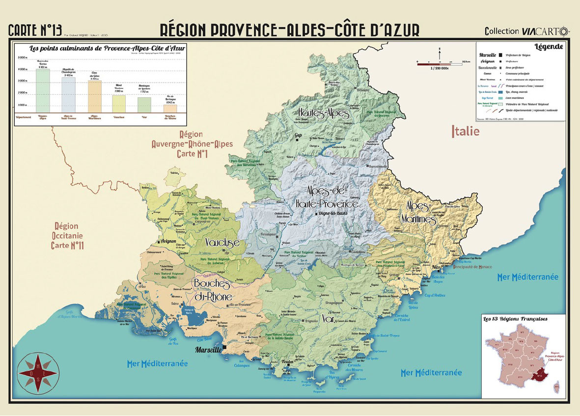 POSTER GEOGRAPHIQUE - PROVENCE - ALPES - COTE D'AZUR - 70 X 50