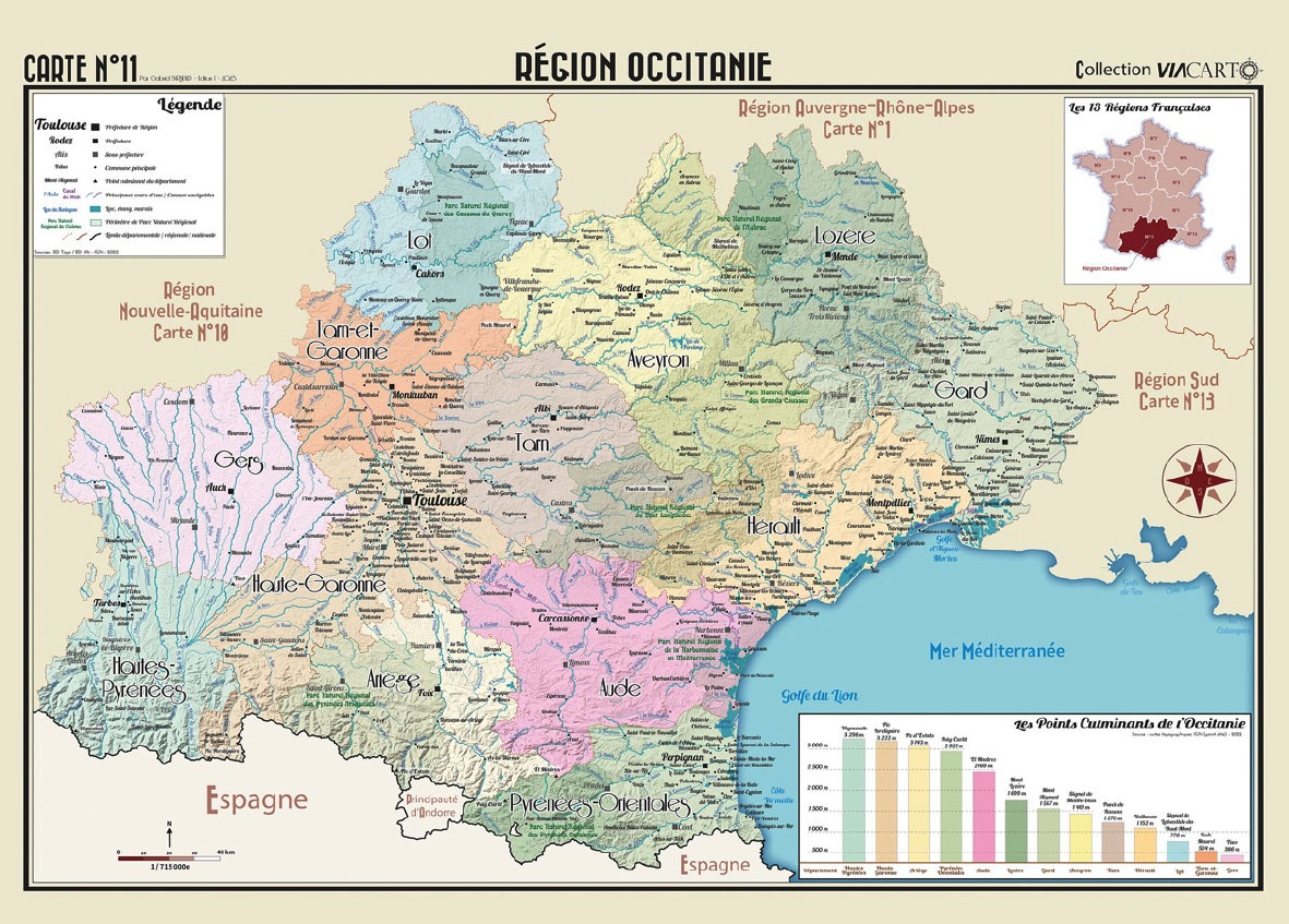 POSTER GEOGRAPHIQUE - OCCITANIE - 70 X 50