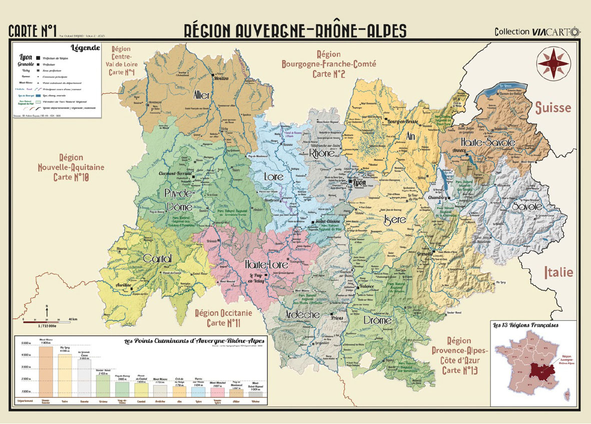 POSTER GEOGRAPHIQUE - AUVERGNE - RHONE - ALPES - 70 X 50