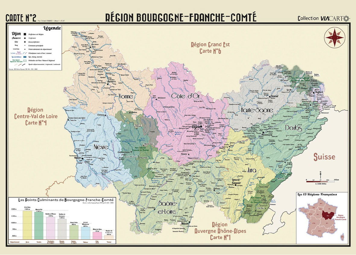 POSTER GEOGRAPHIQUE - BOURGOGNE - FRANCHE - COMTE - 70 X 50