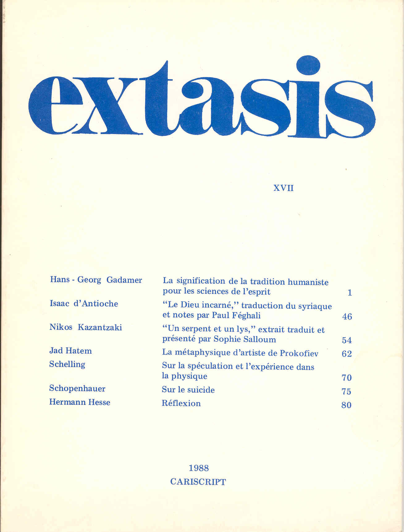 Revue Extasis N° XVII, 1988