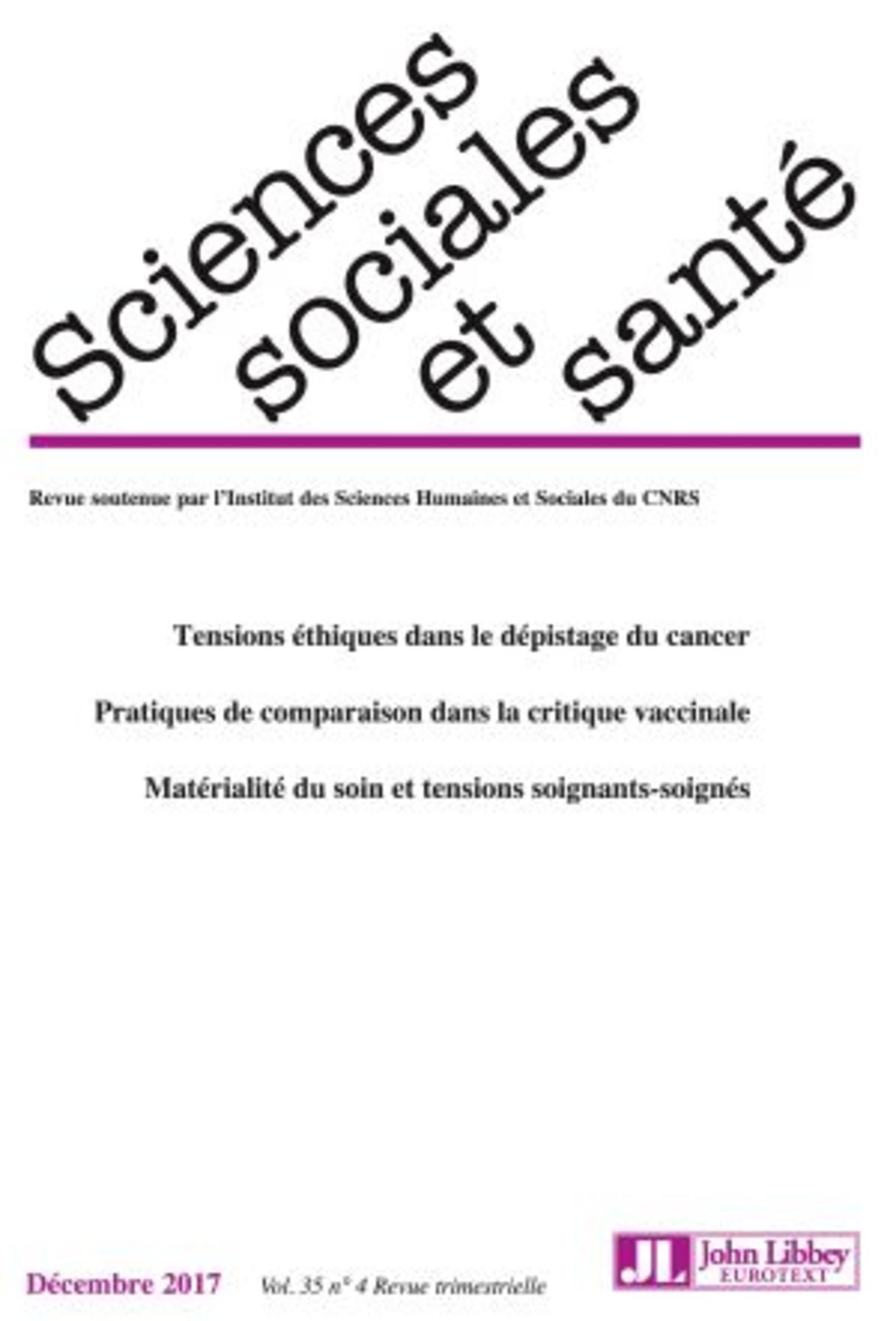 Revue Sciences Sociales et Santé. Vol 35 - N°4 - Décembre 2017
