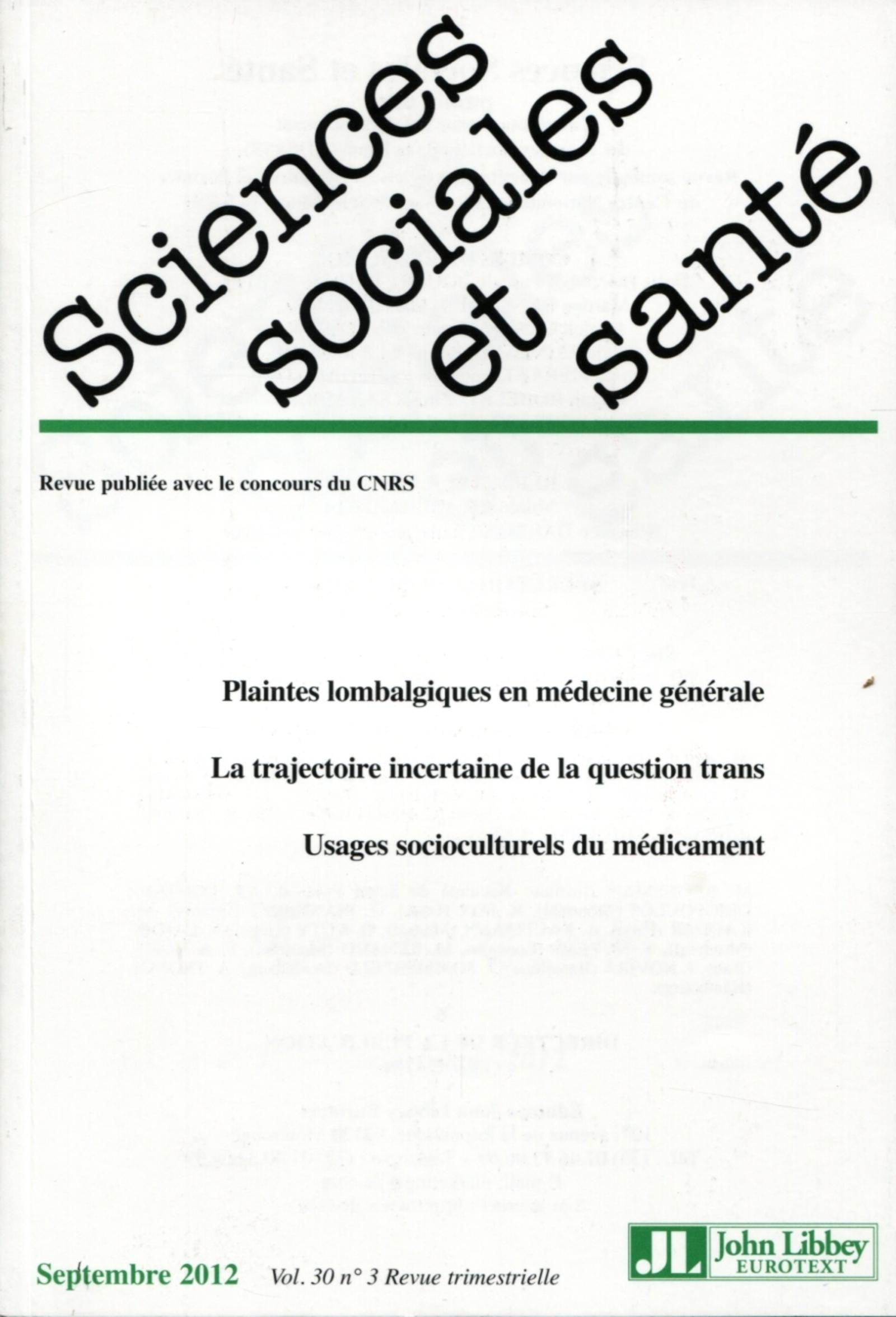 Revue sciences sociales et santé - Volume 30 - n°3 - Septembre 2012