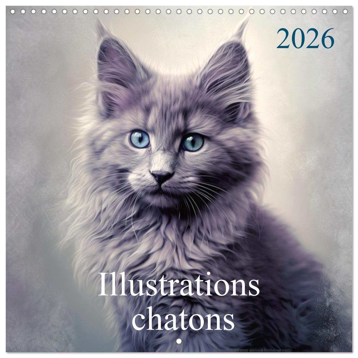 Illustrations Chatons (Calendrier mural carré 2026 30x30 cm) Calendrier double avec une page pour vos prises de notes
