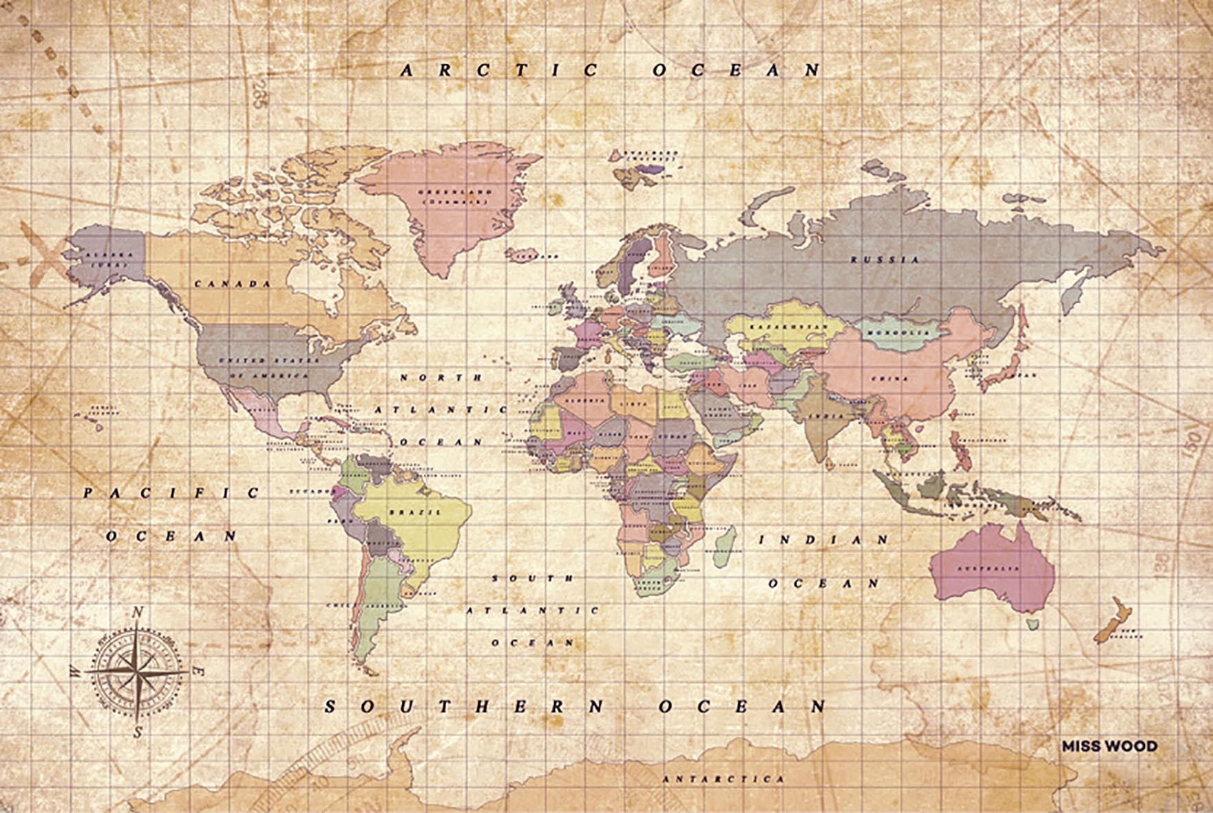 CARTE WOODY WATERCOLOR OLD SCHOOL EN LIEGE 60 CM X 90 CM