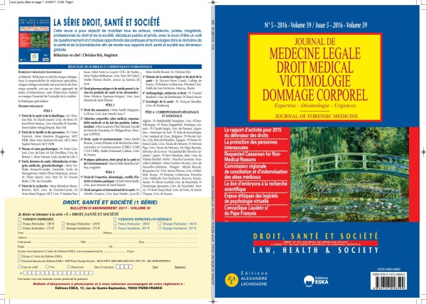 JOURNAL DE MEDECINE LEGALE N°5 VOL 59-2016-DROIT SANTE ET SOCIETE