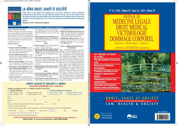JOURNAL DE MEDECINE LEGALE N°3-4 VOL 59-2016-DROIT SANTE ET SOCIETE