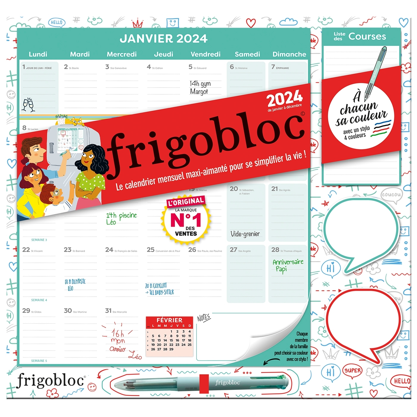 Frigobloc Mensuel 2024 avec Stylo 4 couleurs (de janv. à déc. 2024)
