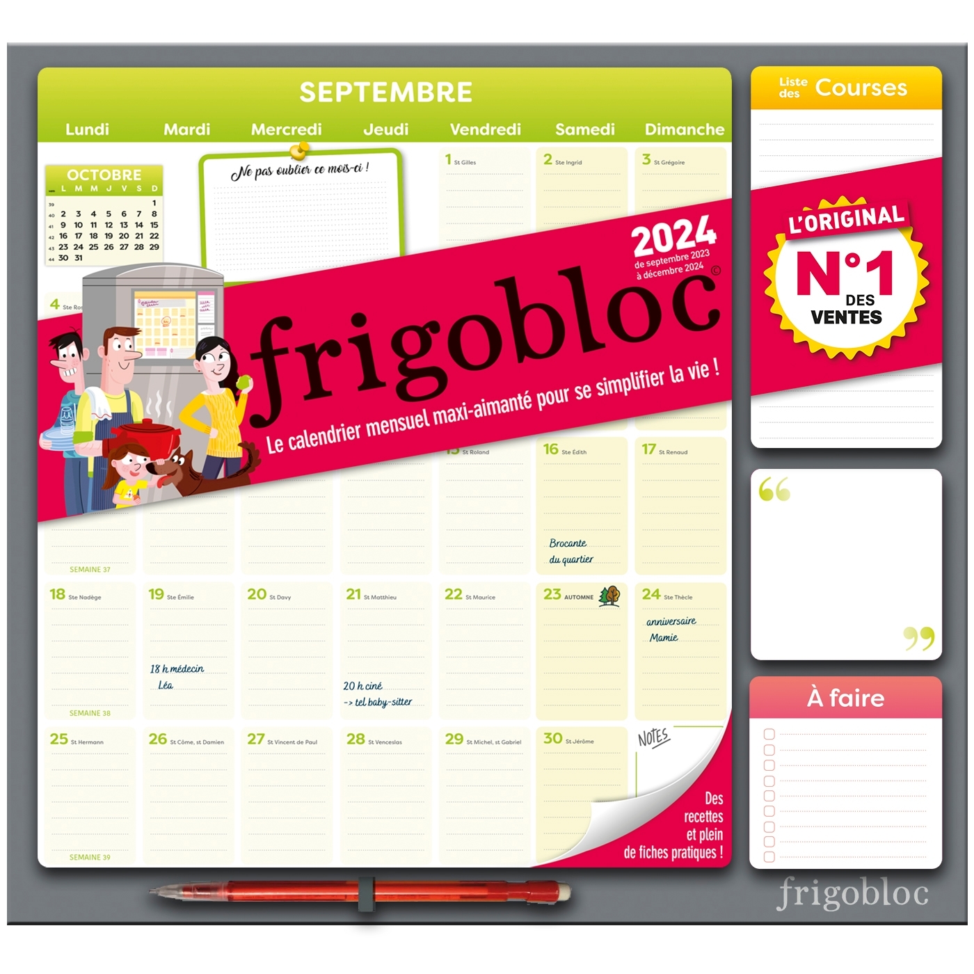 Frigobloc Mensuel 2024 - Calendrier d'organisation familiale / mois (de sept. 2023 à déc. 2024)