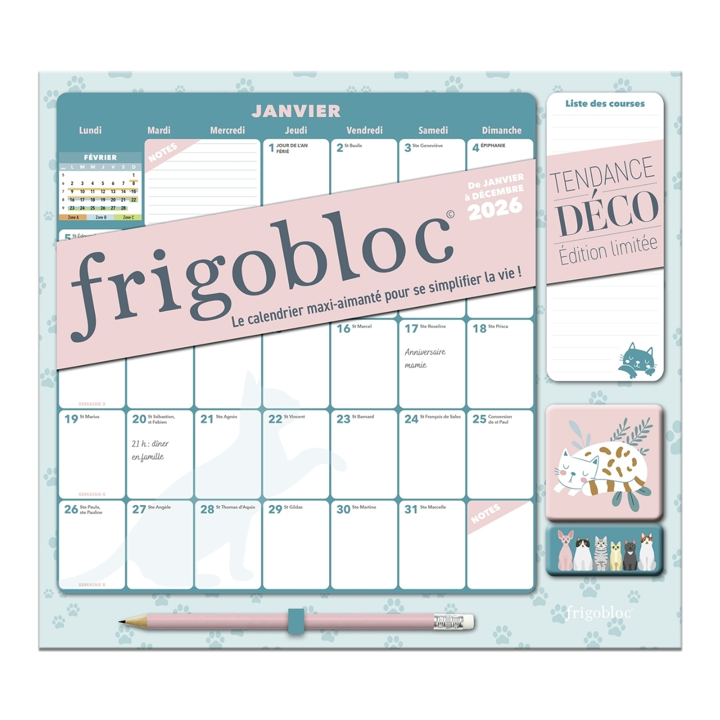 Frigobloc Mensuel 2026 Déco Chats (de janv. à déc. 2026)