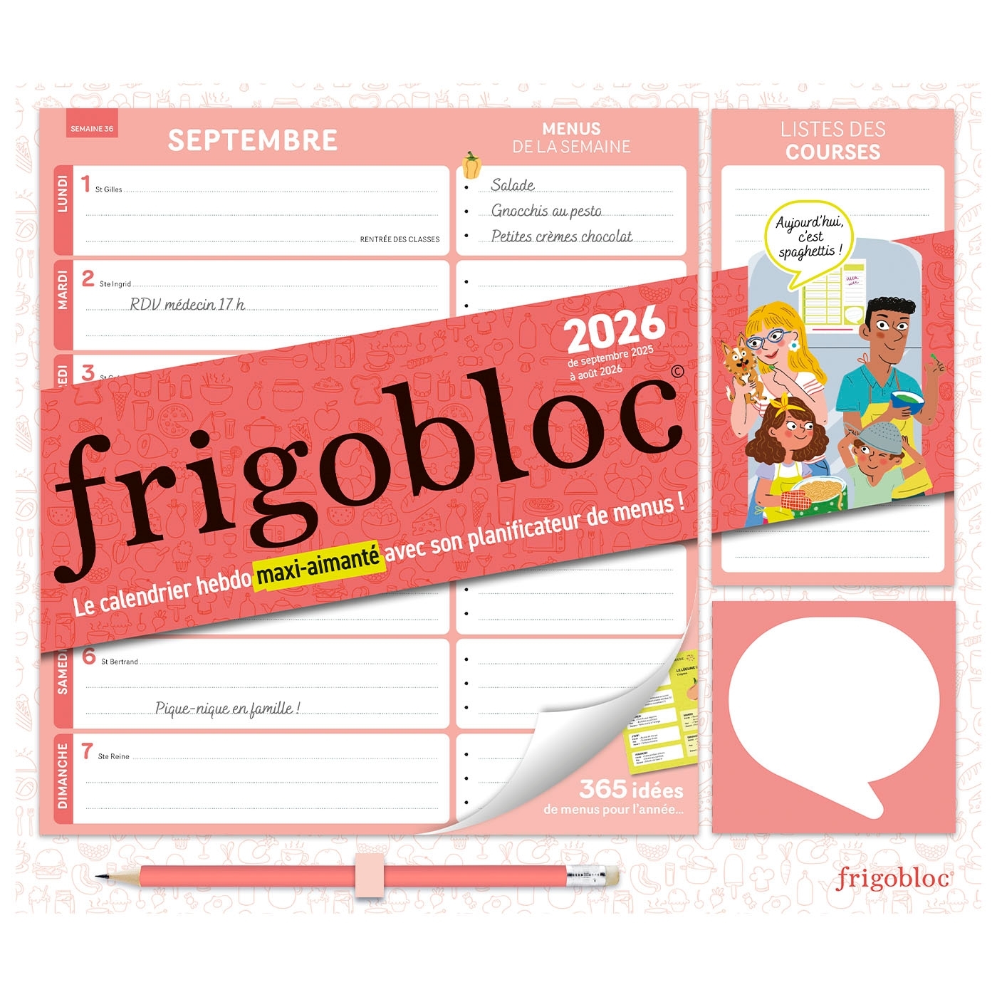 Frigobloc Hebdomadaire 2026 avec son planificateur de menus (de sept. 2025 à août 2026)
