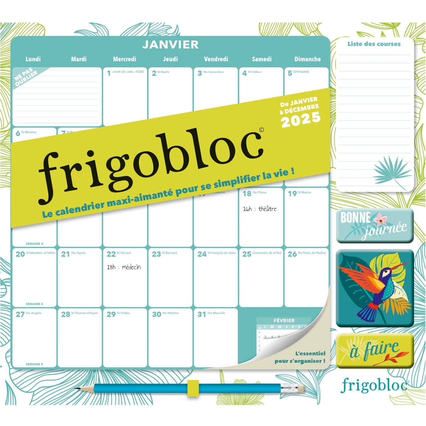 Frigobloc Mensuel 2025 Déco Végétale (de janv. à déc. 2025)