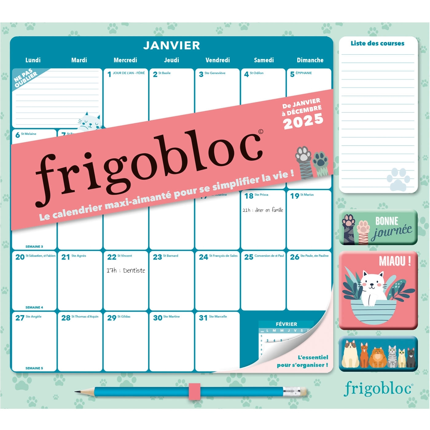 Frigobloc Mensuel 2025 Déco Chats (de janv. à déc. 2025)