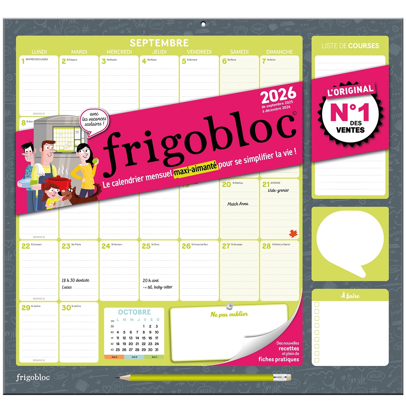 Frigobloc Mensuel 2026 - Calendrier d'organisation familiale / mois (de sept. 2025 à déc. 2026)