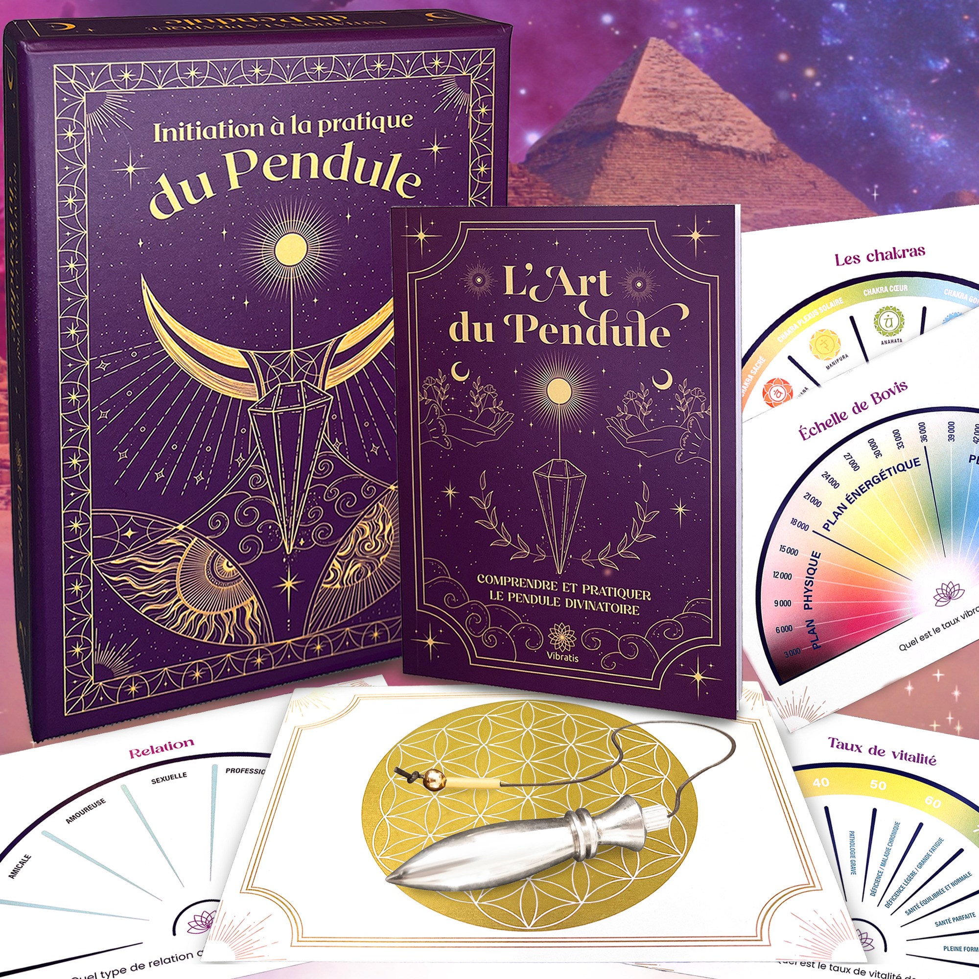 COFFRET D'INITIATION AU PENDULE DIVINATOIRE : PLANCHES DE RADIESTHESIE + 1 LIVRE + PENDULE EGYPTIEN