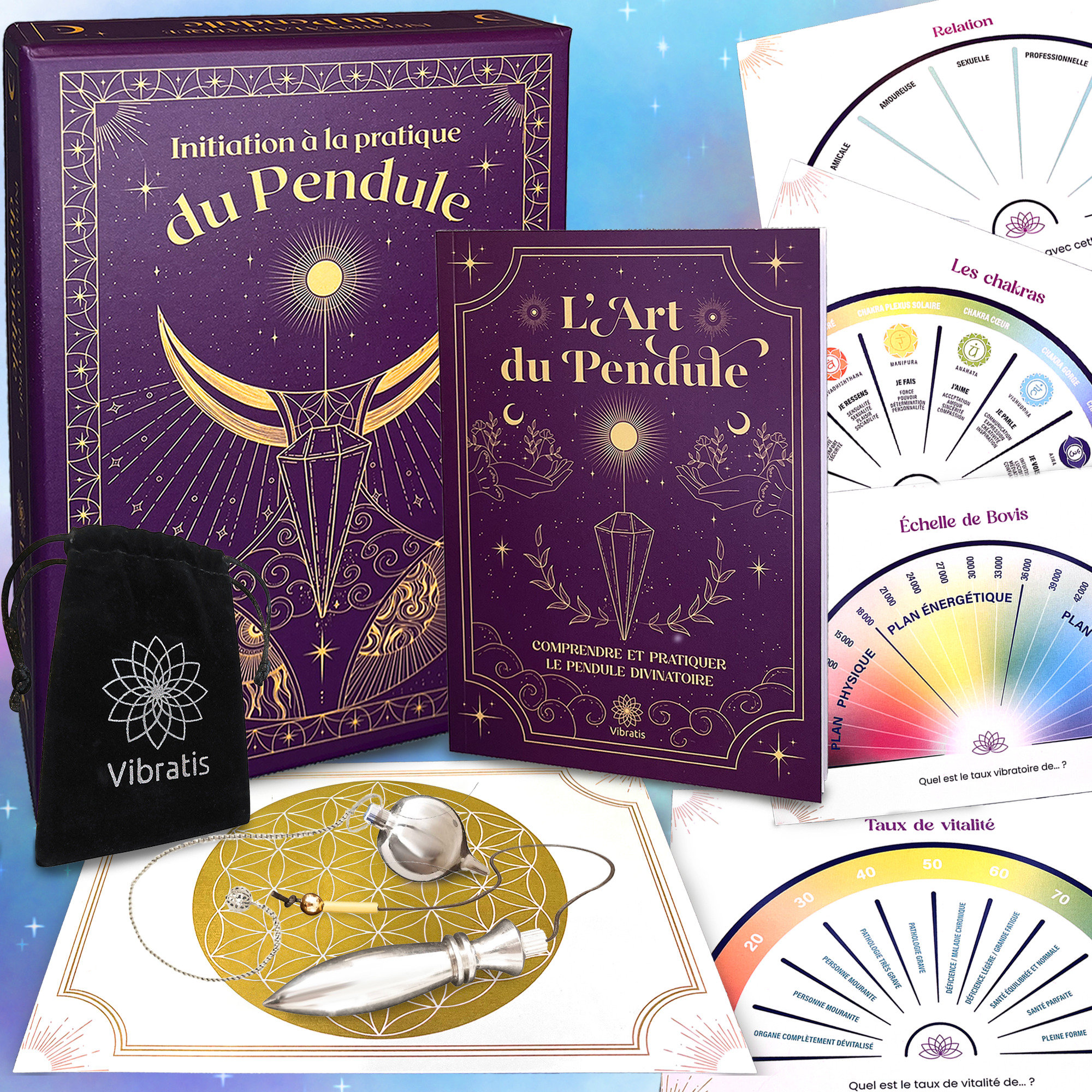 COFFRET D'INITIATION AU PENDULE DIVINATOIRE : PLANCHES DE RADIESTHESIE + 1 LIVRE + PACK PENDULE