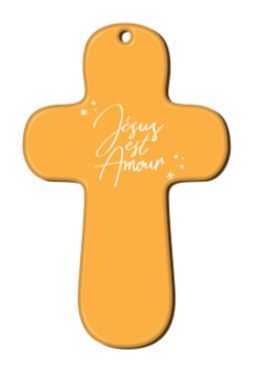 Croix jaune en bois imprimée Jésus est Amour