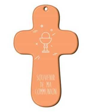 Croix orange en bois imprimée Souvenir de ma communion